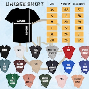 May include: Unisex t-shirt size chart with measurements in inches. The chart shows the width and length of the shirt in different sizes, from XS to 2XL. The chart also shows a variety of colors for the t-shirt, including black, white, dark grey, athletic heather, red, heather mauve, heather maroon, tan, midnight navy, true royal, grass green, sunset, heather forest, pink, and heather peach.