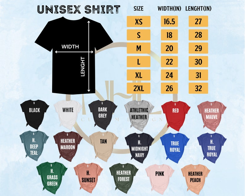 May include: Unisex t-shirt size chart with measurements in inches. The chart shows the width and length of the shirt in different sizes, from XS to 2XL. The chart also shows a variety of colors for the t-shirt, including black, white, dark grey, athletic heather, red, heather mauve, heather maroon, tan, midnight navy, true royal, grass green, sunset, heather forest, pink, and heather peach.