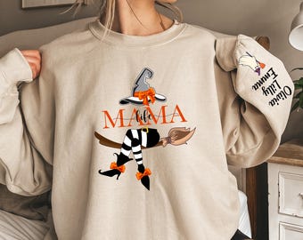 Custom Halloween Mama Sweatshirt, Mom Mama Halloween Sweatshirt With Names On Sleeve, Mommy Halloween Gift From Kids, Mommy Witch Sweatshirt