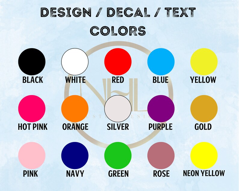 Op de afbeelding: Kleurenkaart met 15 verschillende kleuropties voor ontwerp, sticker en tekst. De kleuren omvatten zwart, wit, rood, blauw, geel, roze, oranje, zilver, paars, goud, roze, marineblauw, groen, roze en neon geel.