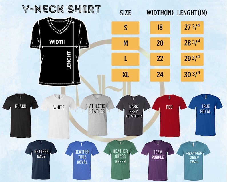 May include: V-neck t-shirt size chart with measurements in inches. The chart shows the width and length of the shirt in different sizes: S, M, L, and XL. The chart is surrounded by images of different colored t-shirts.