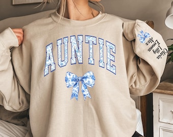 Custom Auntie Sweatshirt With Kids Names, Blue Floral Auntie Sweater, Coquette Mom Sweater, Blue Toile Bow Sweatshirt, New Mom Gift