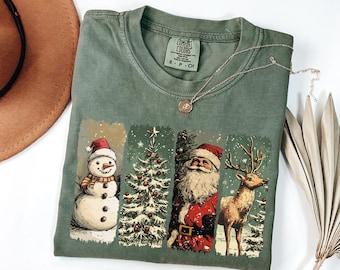 Colores navideños retro Comfort Colors®, camiseta navideña vintage, camiseta de Papá Noel, camiseta de muñeco de nieve navideño, camiseta de árbol de Navidad, Feliz Navidad