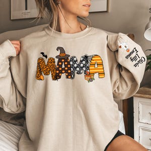 Custom Halloween Mama Sweatshirt with Kids Name on Sleeve Sweatshirt, Cool Mama Halloween Sweatshirt, Mama Halloween Gift,Custom Mama