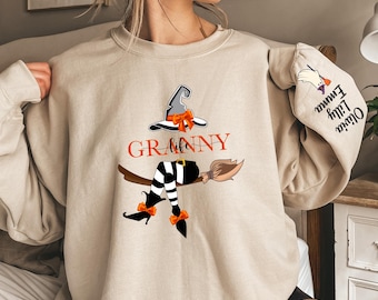 Custom Halloween Granny Witch Sweatshirt, Grandma And Grandkids Halloween Sweatshirt, Granny Shirt With Name On Sleeve, Mom Halloween Gift