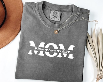 Camiseta para mamá con colores cómodos: camiseta personalizada para el Día de la Madre con los nombres de los niños. Regalo personalizado con detalle de corazón para mamá.