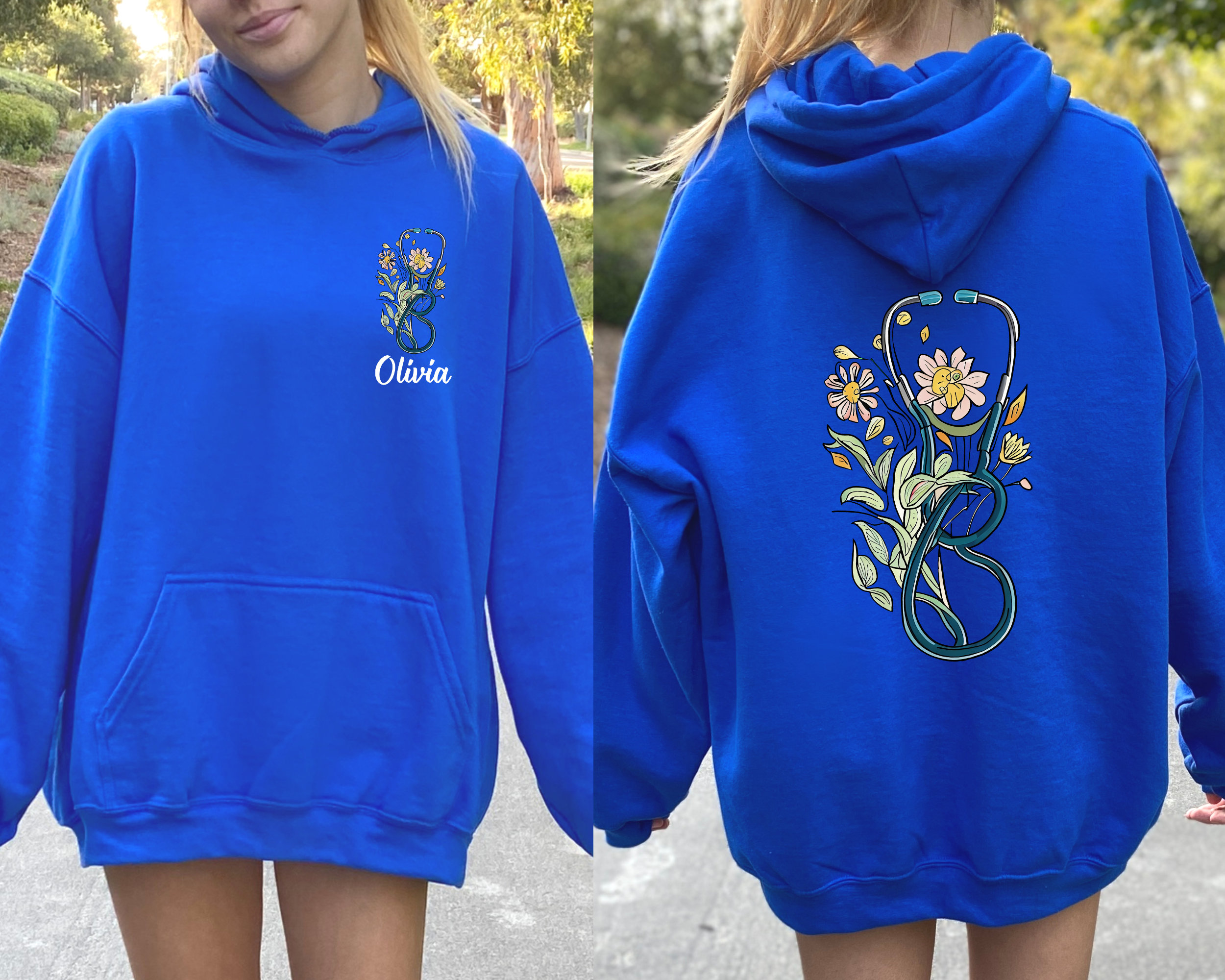 Custom Floral Stethoscope Sweatshirt, Doctor or Nurse Tshirts, Women's Nursing School Hoodie, Floral Nurse Shirt, Nurse Graduation Gift,