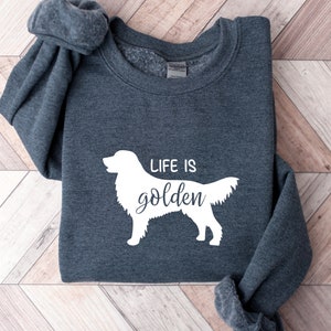 Pu&ograve; includere: Una felpa grigia scura con una silhouette bianca di un golden retriever e il testo "Life is golden".