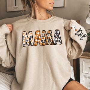 Custom Halloween  Mama Sweatshirt with Kids Name on Sleeve Sweatshirt, Cool Mama Halloween Sweatshirt, Mama Halloween Gift,Custom Mama