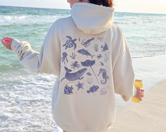 Underwater Sea Animal Words on Back Sweatshirt or Hoodie, Ocean Life Sweatshirt, Beach Hoodie, Save The Shark, Oversize Hoodie, Animal Lover