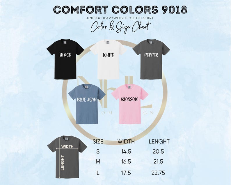 May include: Image of a Comfort Colors 9018 unisex heavyweight youth shirt in black, white, pepper, blue jean, and blossom. A colour and size chart is included, with measurements in inches, and the equivalent in cm for width and length for sizes S, M, and L.
