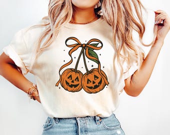 Pumpkin Cherries Autumn Girly Shirt, Halloween Pumpkin T Shirt, Fall pumpkin Shirt, Pumpkin Cheeries Coquette Shirt, Fall Girly Shirt