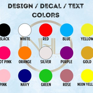 Op de afbeelding: Kleurenkaart met 15 verschillende kleuropties voor ontwerp, sticker en tekst. De kleuren omvatten zwart, wit, rood, blauw, geel, roze, oranje, zilver, paars, goud, roze, marineblauw, groen, roze en neon geel.