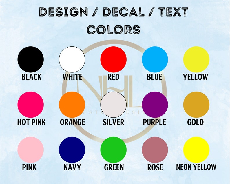 Op de afbeelding: Kleurenkaart met 15 verschillende kleuropties voor ontwerp, sticker en tekst. De kleuren omvatten zwart, wit, rood, blauw, geel, roze, oranje, zilver, paars, goud, roze, marineblauw, groen, roze en neon geel.