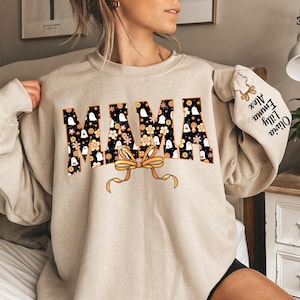 Custom Halloween Mama Sweatshirt with Kids Name on Sleeve Sweatshirt, Cool Mama Halloween Sweatshirt, Mama Halloween Gift,Custom Mama