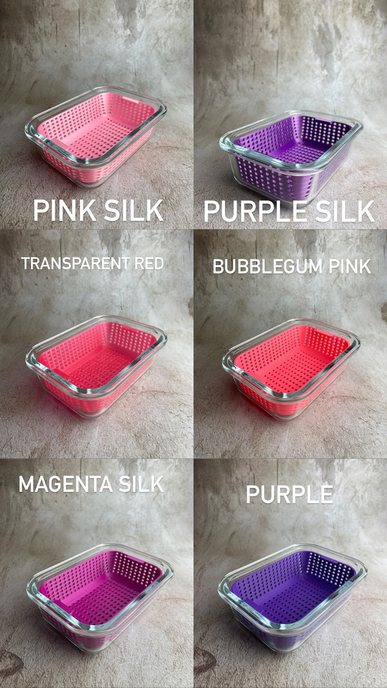 May include: Rectangular glass containers with coloured, perforated plastic inserts. The containers are in various shades of pink and purple, with text labels including "PINK SILK," "PURPLE SILK," "TRANSPARENT RED," "BUBBLEGUM PINK," "MAGENTA SILK," and "PURPLE."