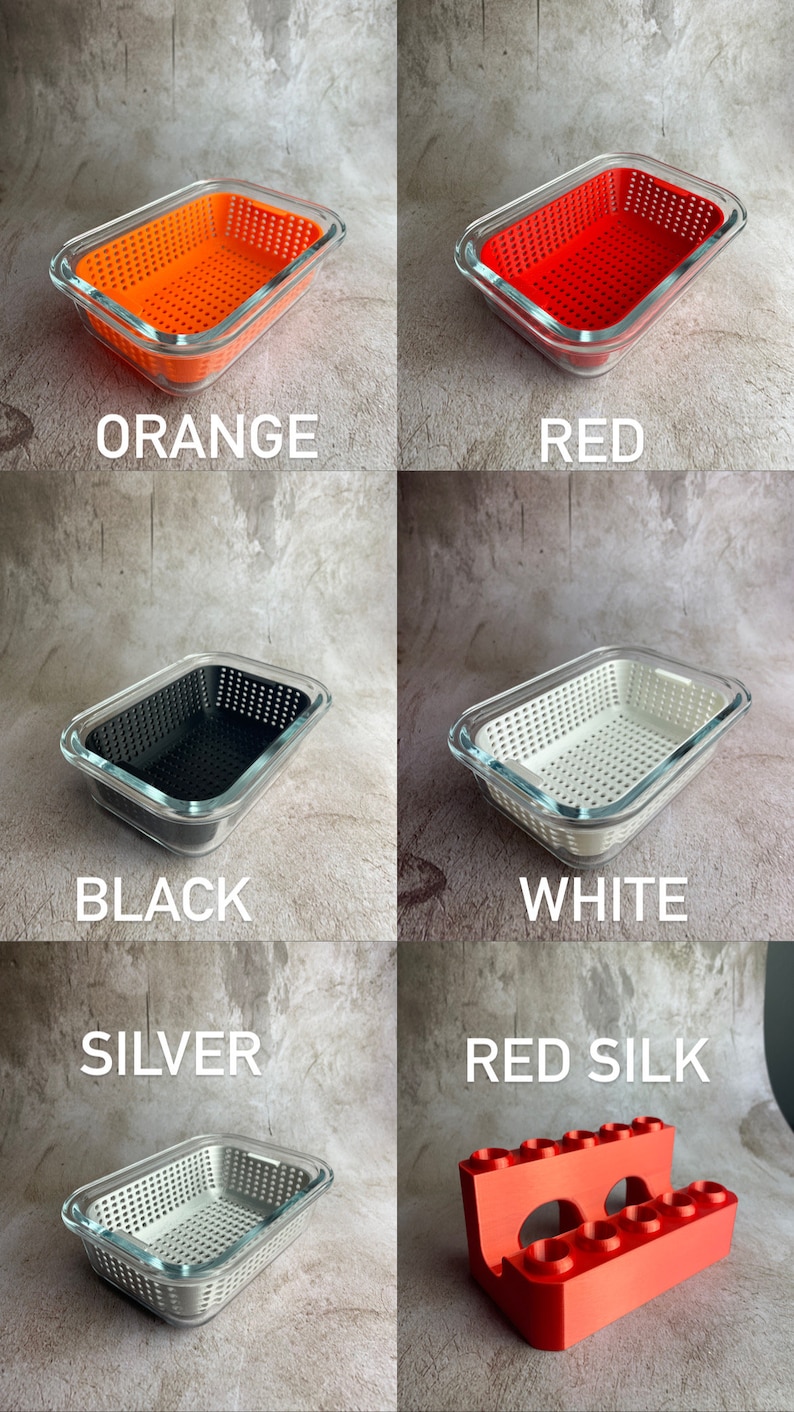 May include: A selection of rectangular food storage containers in colours including orange, red, black, white, and silver. Each container has a clear glass exterior and a perforated interior. A red brick-shaped object is also shown.
