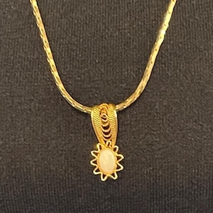 Dainty Opal Pendant on 24 Inch Gold Tone Necklace