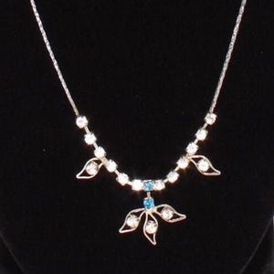 Blue and  Crystal Rhinestone Necklace on Silver Chain
