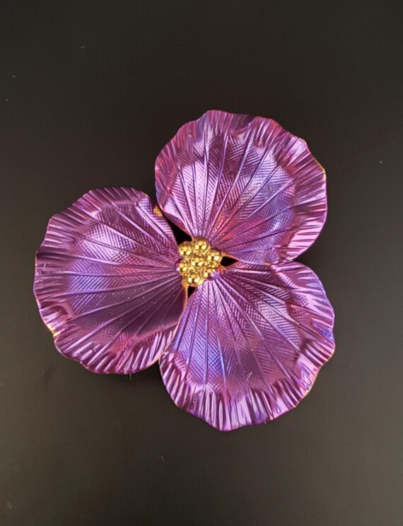 Vintage Purple Hibiscus Flower Enamel Brooch Pin
