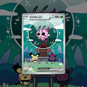 Peut inclure: Carte Pokémon Celebi EX holographique avec un personnage de dessin animé rose et vert. La carte a 190 HP et inclut le texte "Time Cycle". La carte est entourée d'autres personnages de dessins animés et d'un fond vert et blanc.