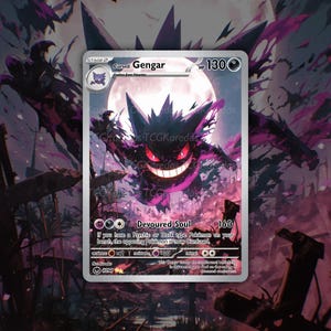 Peut inclure: Carte de collection holographique représentant Cursed Gengar, un Pokémon de type spectre violet et noir. La carte présente une illustration complète avec une lune en arrière-plan et le texte "Devoured Soul". La carte est de niveau 2 avec 130 PV.