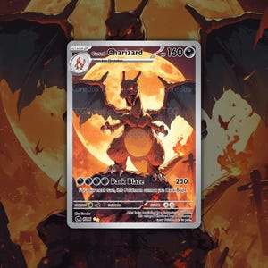 Peut inclure: Carte de jeu Pokémon Charizard avec un dragon orange enflammé aux ailes déployées. La carte affiche "Cursed Charizard" et "Dark Blaze" avec une puissance de 250. Le fond montre une pleine lune et un paysage sombre.