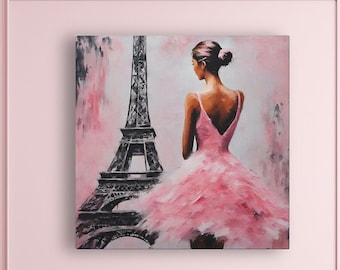 Ballerina with Eiffel Tower background canvas wall art Paris pink coquette room decor balletcore wall decor Eiffel Tower print pastel pink