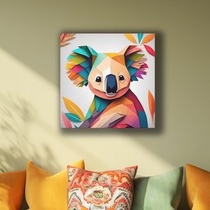 Rainbow Geometric Koala and Leaves Square Canvas Print, Colorful Modern Wall Art, Color Gradient animal home decor, Marsupial Ink Print