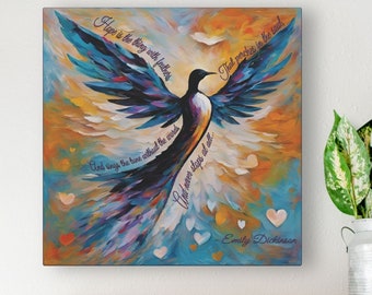 Emily Dickinson Hope is the thing with feathers art purple lapis colored bird canvas Emily Dickinson quote print bird angel wings wall decor