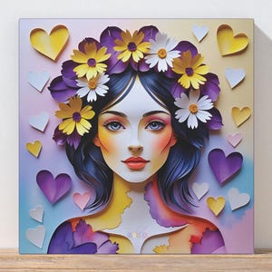 May include: Square canvas art featuring a woman with a floral crown and heart accents. The woman has blue eyes, red lips, and purple and yellow flowers in her hair. The background has yellow, purple, and white hearts.