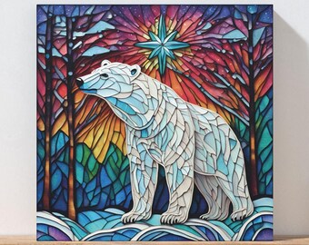May include: A stained glass style illustration of a polar bear standing in a snowy forest with a bright star in the sky. The bear is white with blue and purple accents. The forest is a mix of green, blue, and purple.