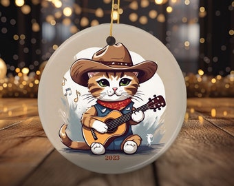 Cowboy Cat Ornament, Christmas Cat, Western cat, ukulele, ukulele ornament, gift for cat lovers, western Christmas, cowgirl, cowboy ornament