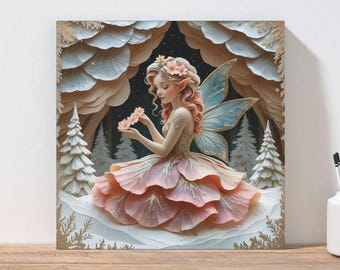 Rose gold colored enchanted winter floral fairy canvas wall art print, whimsical wildflower square 2-D wall hanging: multiple sizes