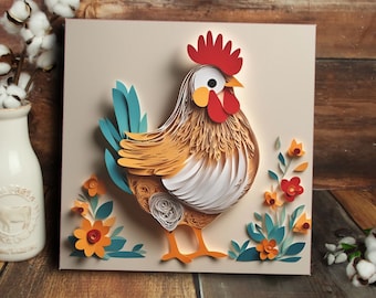 Cute rooster canvas art print chicken wall art farmhouse decor wildflower chicken canvas rooster farm art boho rooster homesteading folkart