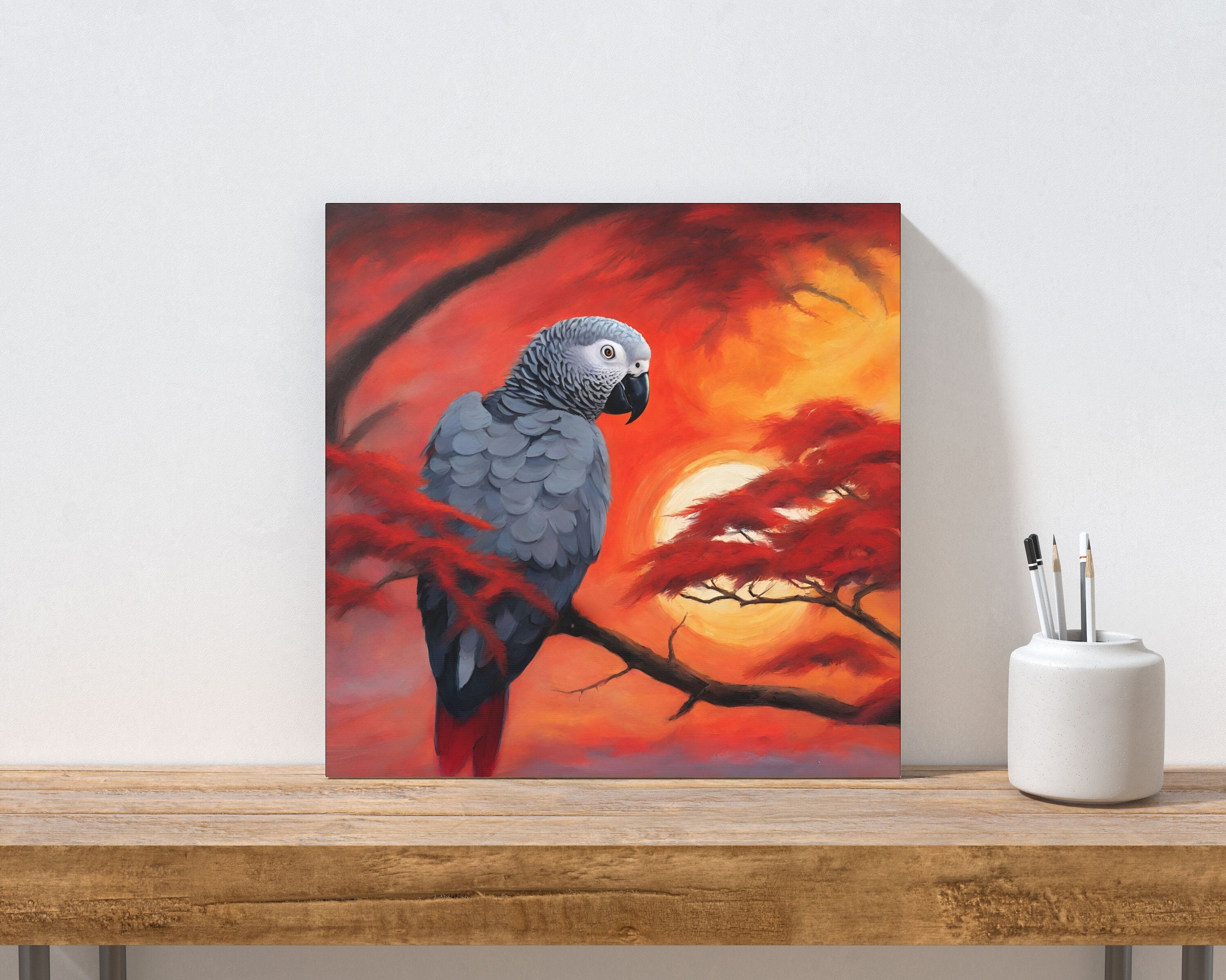 African Grey Parrot Canvas Wall Art Print, Congo Gray Parrot Red