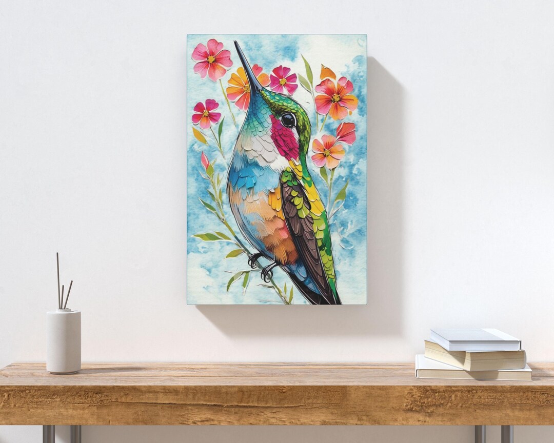 Multi-colored Hummingbird Canvas Wall Art Print, Whimsical Botanical ...