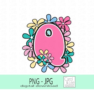 グルーヴィーな文字Qのデザイン、レトロなデイジーQ、昇華用PNGデザイン、オリジナルのグルーヴィーなデザイン、アルファベットのデザイン、PNGレトロデザイン、