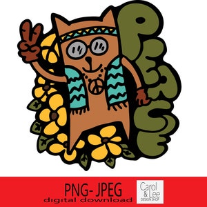 猫好きのデザイン、レトロでヒップなデザイン、グルーヴィーな猫のデザイン、70 年代風の平和 PNG、昇華レトロ猫のデザイン、ボヘミアン レトロ平和デザイン。