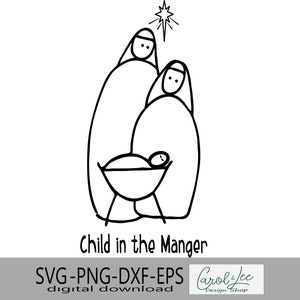 Natividad SVG con el Niño Jesús, Jesús en un pesebre con arte lineal, Clipart de adornos navideños, Celebración navideña, Cristo nace SVG, Nacimiento de Jesús