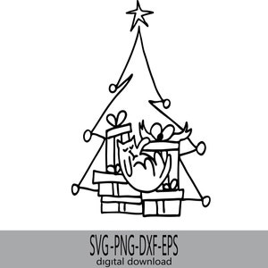Chat de Noël sous le sapin, Clipart Noël pour amoureux des chats, cadeaux drôles de chat, clipart Noël vacances, chat SVG, Clipart vacances Animal, vacances