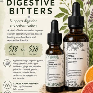 May include: Two amber glass dropper bottles labeled Handcrafted Herbal Digestive Bitters, one 2oz and one 4oz, surrounded by ginger root, star anise, black peppercorns, and grapefruit slices. The labels list ingredients and usage instructions.