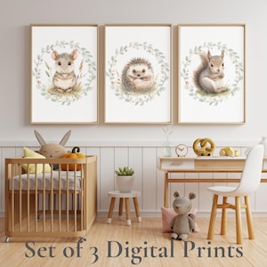 Woodland Nursery Art Set, Watercolor Animals, Sage Green Decor (Digital Download)