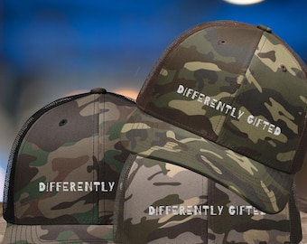 Embroidered Camo Trucker Hat: 'Differently Gifted' Design
