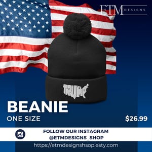 Trump USA Embroidered Pom-Pom Beanie, Make America Great Again, Trump Accessories, Republican Apparel, MAGA, Donald Trump Supporters