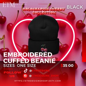 Holographic Cherries Embroidered Cuffed Beanie, Unlimited Color, Graphic Cherry Beanie