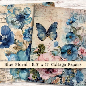 Blauwe bloemen collagepapier, antieke vintage clipart, Junk Journal Ephemera digitale downloads, Shabby Chic Scrapbooking Vel afdrukbare JPG