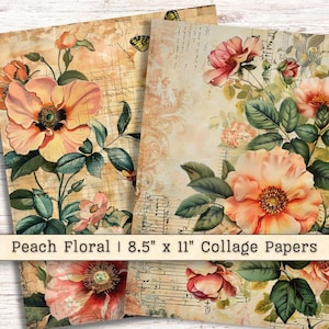 Papier de collage floral pêche, antique vintage clipart, téléchargements numériques éphémères de journal indésirable, feuille de scrapbooking shabby Chic imprimable JPG