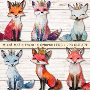 Technique mixte renards Clipart, renard couronnes Grunge Texture en détresse PNG JPG téléchargements instantanés, collage pictural Junk Journal fournitures numériques