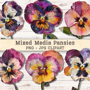 Könnte beinhalten: Sechs Clip-Art-Bilder von Stiefmütterchen-Blumen in Mischtechnik. Die Blumen zeigen eine Collage aus Farben wie Lila, Gelb, Orange und Rosa. Der Text "Mixed Media Pansies PNG + JPG CLIPART" wird auf einem beigen Banner angezeigt.